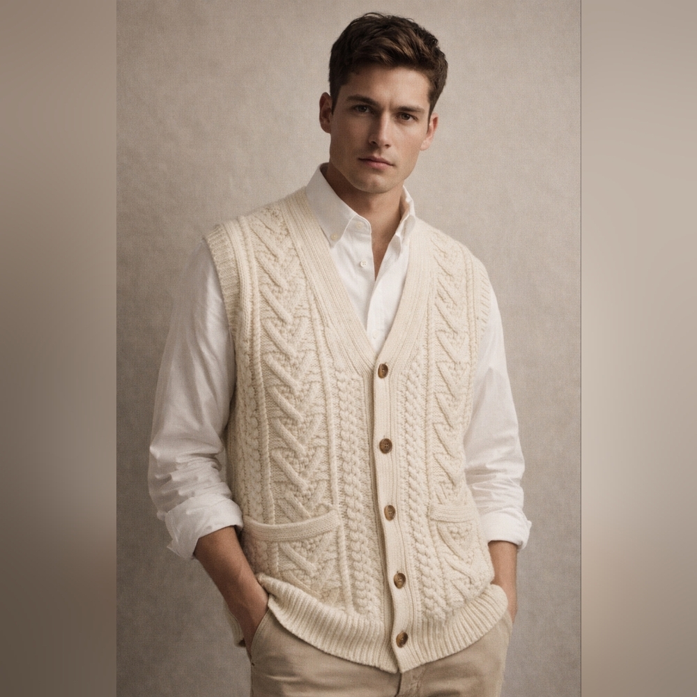 J.Crew Rugged Merino Cable Knit Vest Cream Wool Blend‎ Size M